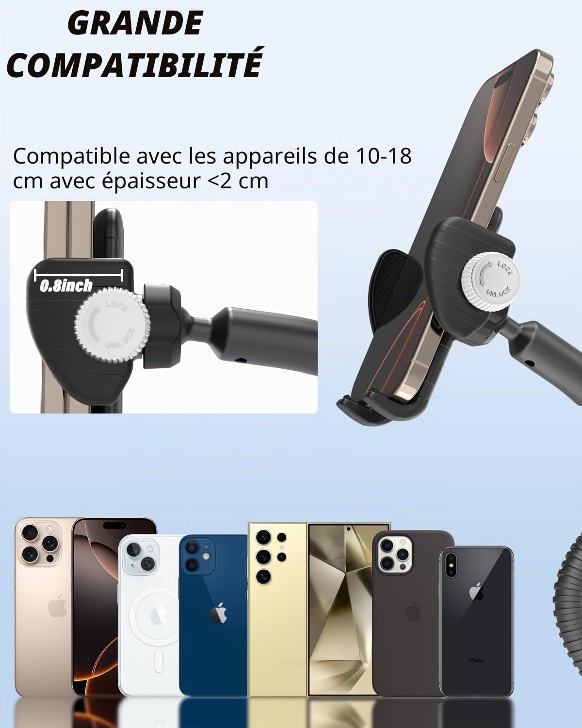 Support de téléphone Portable col de Cygne Rotatif à 360° pour Fauteuil Roulant - [Contre Les Chutes], Porte de téléphone pour Poussette pour Tous Les Smartphones avec Coque épaisse