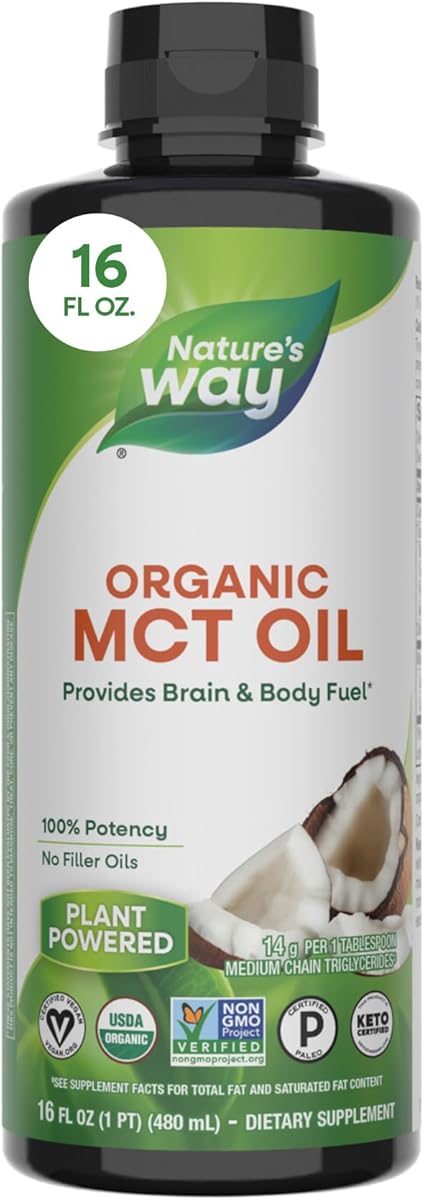 Nature’s Way Organic MCT Oil, Brain and Body Fuel*, Liquid Coconut MCT Oil with C8 Caprylic & C10 Capric Acids, 14 g Medium Chain Triglycerides per Serving, Keto & Paleo Certified, Non-GMO, 16 Fl Oz
