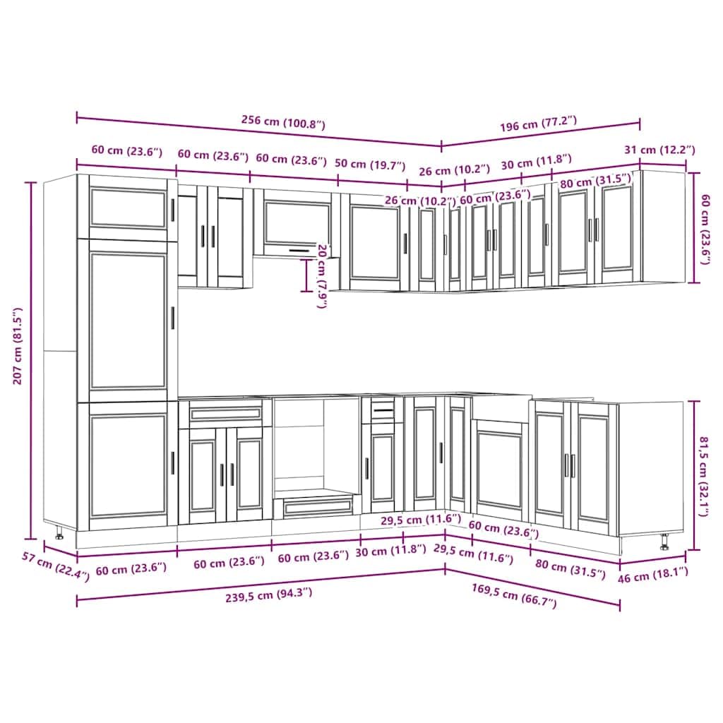 Porto - Set di 14 mobili da cucina in legno di rovere affumicato, credenza per buffet, dispensa, cucina, bagno, soggiorno