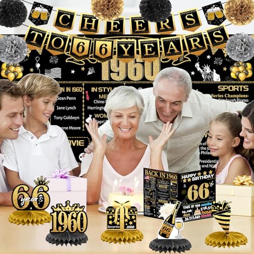 66th Birthday Decorations for Women Men, 18PCS Black Gold Back in 1960 Banner Decorations, Bday Backdrop, 66 Year Old Banner for Mother Dad, Birthday Card, 6 Paper Poms 9 Honeycomb Balls by Joycard - Used condition - Image 5