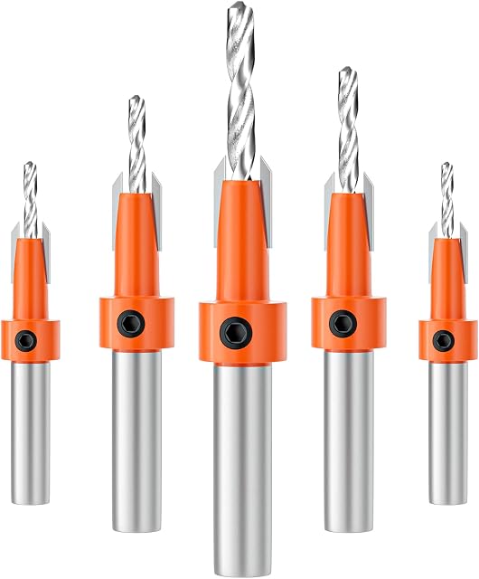 YUET Countersink Drill Bit Set 5pcs HSS Bits Shank Adjustable Carpentry Reamer Chamfer Screws Hole Tool Woodworking Hex Tools Spanner for Wood Drilling Holes Plastic Soft Metal 8mm