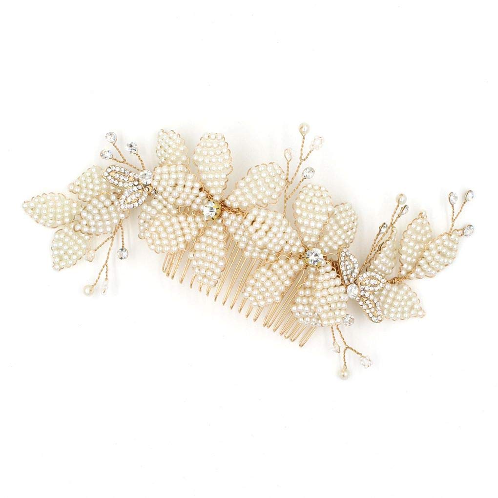 White Pearls Gold Hair Comb Headpiece for Wedding Bridal Party