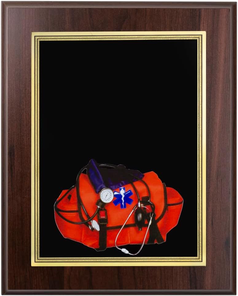 SHOP AWARDS AND GIFTS Customizable EMT Plaque Award Personalized Custom Engraved 8 x 10 Inch, Walnut Finish with Black Plate and Gold Trim, Includes Personalization