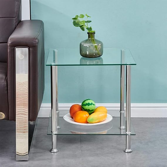 2-Tier Square End Table Clear Glass Side Coffee Tables with Stainless Steel Legs, Storage Shelf for Living Room, Display Table for Small Space, 45×45×45.7cm (Square-Clear)