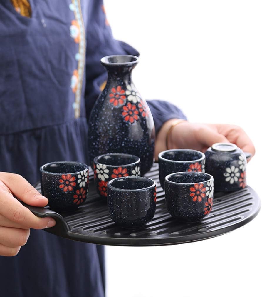 7 PCS Japan Ceramic Sake Sets Sake Pot for Thanksgiving Sake Cup Deep Blue（Salver not Included）-Tea Sets