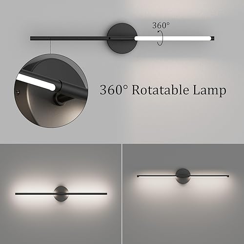 Miniatura 2 de Barra de luz moderna para tocador de baño, 28 pulgadas, 5000 K, color negro, LED, lámpara de iluminación de tocador con cable, rotación de 360
