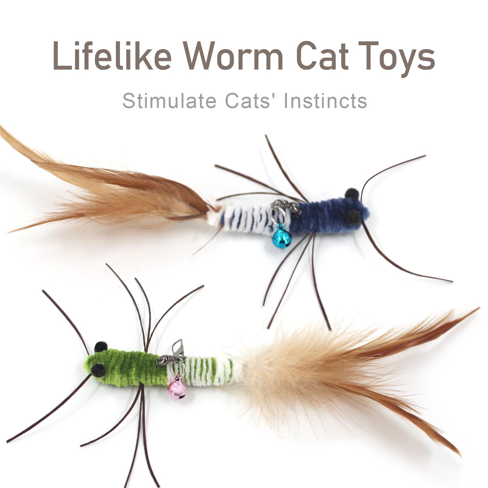 SONGWAY Insect Cat Toys with Feather - 6 Pieces Cat Worm Toy Refills, Cat Toy Wand Attachments, Worm Cat Toys, Interactive Toys for Indoor Cats Kittens