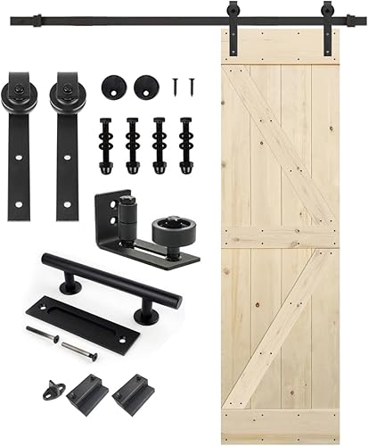 Miniatura 64 de S&Z TOPHAND 48" x 80", Puerta estilo granero British Brace de madera nudosa, sin terminar, con kit de herrajes para puerta corredera de 8', madera