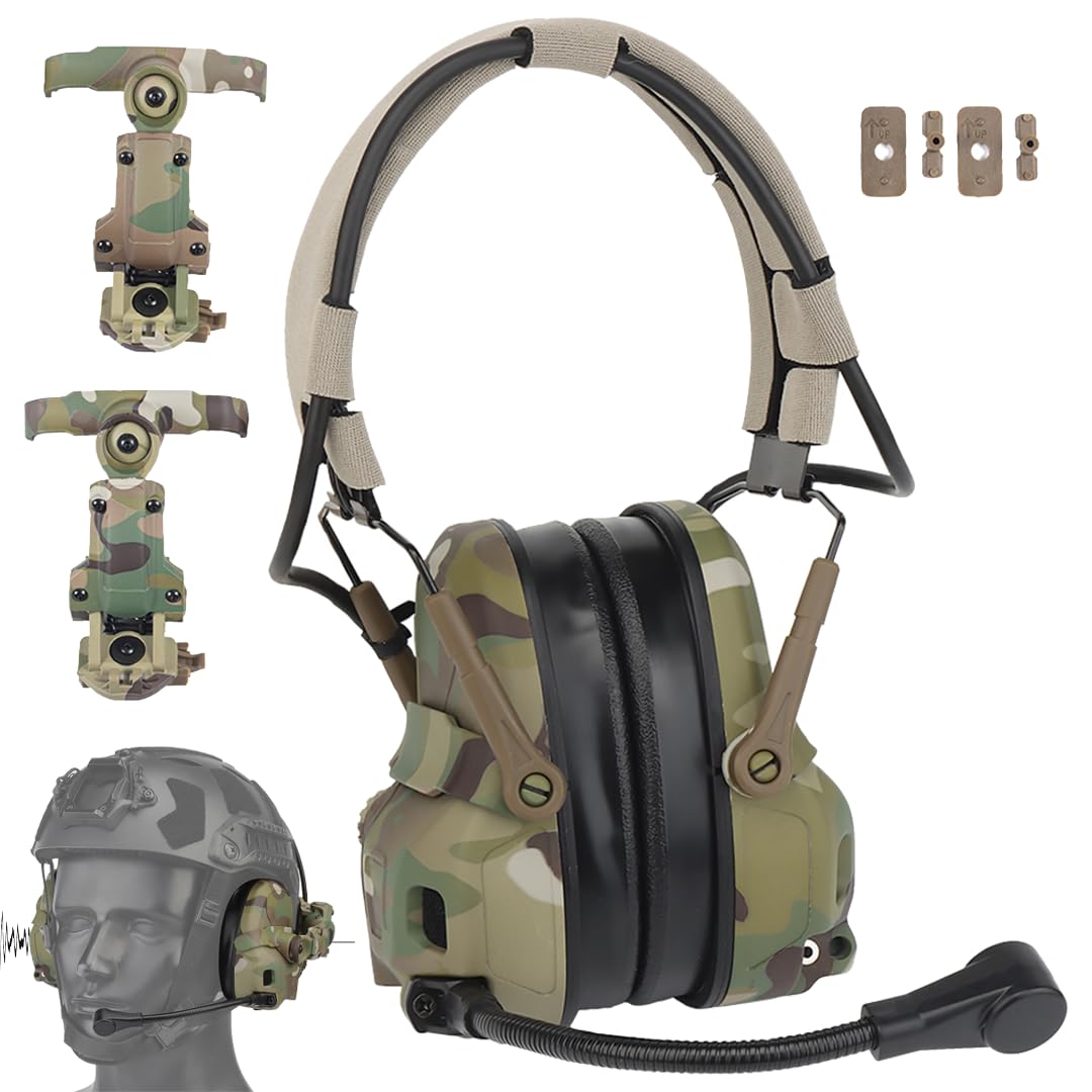 Taktisches Headset-Set, Geräuschunterdrückung, Gehörschutz, Comms Cancelling Kopfhörer, mit Helmschienen-Adapter (ANC-Multicam)