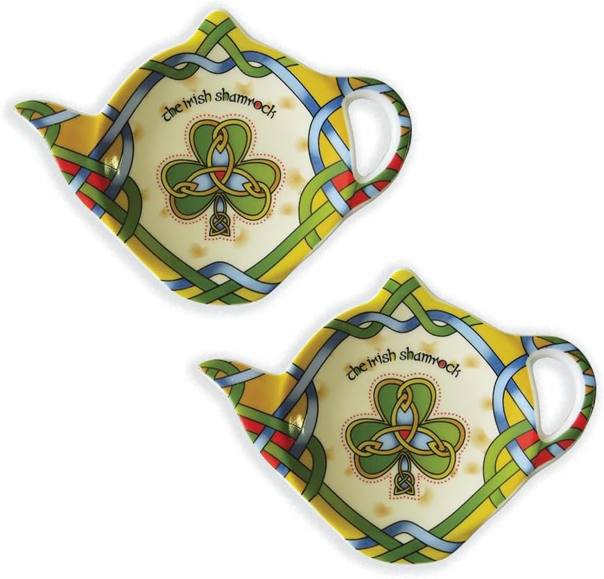 Ceramic Set Tea Bag Holders Kitchenware Present Teabag Plate, Coasters, Resting Caddy Celtic Colors Irish Symbol Housewarming Gift 4" Diameter