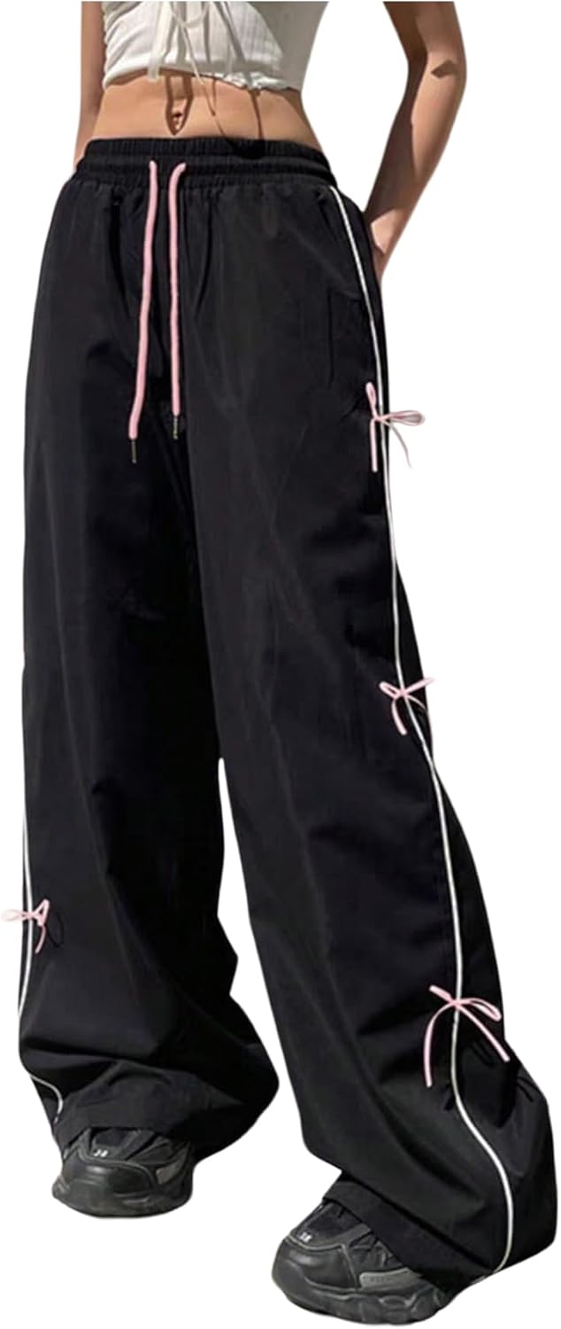 Girl's Y2k Bow Baggy Pants Parachute Track Pants Wide Leg Loose Sweatpants Drawstring Joggers Hip Hop Dance