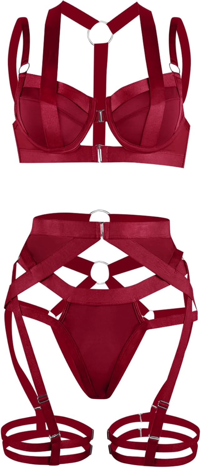 Lilosy Sexy Strappy Underwire Push Up Garter Belt Lingerie Set Harness Cutout Outfits Matching Bra Panty 3 Piece - Image 4