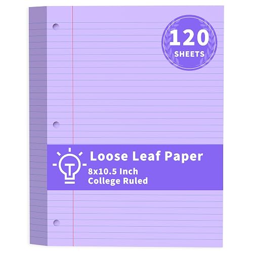 Purple Loose Leaf Paper 120 Sheets Purple Paper 8" x 10.5" College Ruled Paper Colored Notebook Paper 3-Hole Punched Lined Paper, 3 Ring Binder Paper 8 x 10.5 Filler Paper for School Office Supplies