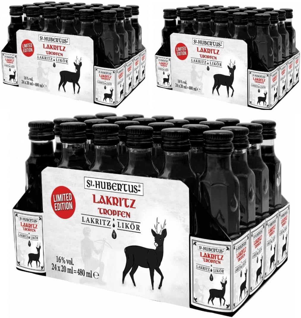 St HUBBEERTUS Lakritz-Likör – 24 x 0,02 L | Kräuterlikör mit Lakritzgeschmack | 16 % vol | Portionsflaschen, 3 Er