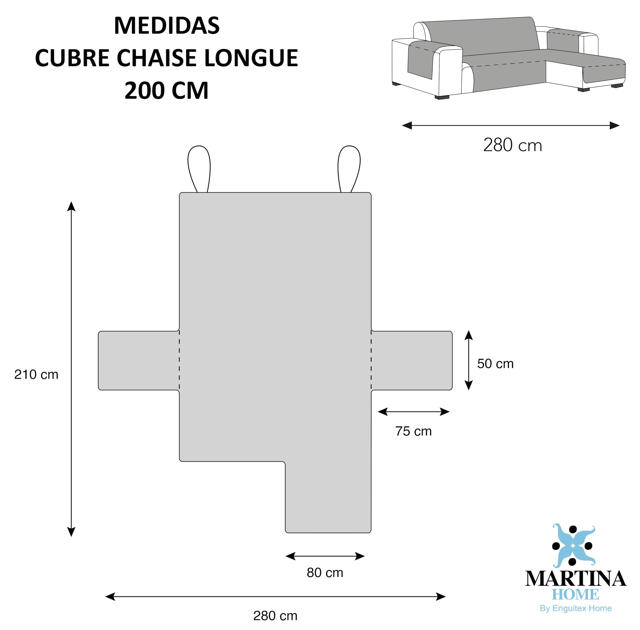 Martina Home Cubre Chaise Longue Acolchado Diamond, 280 cm, Antracita - Universal
