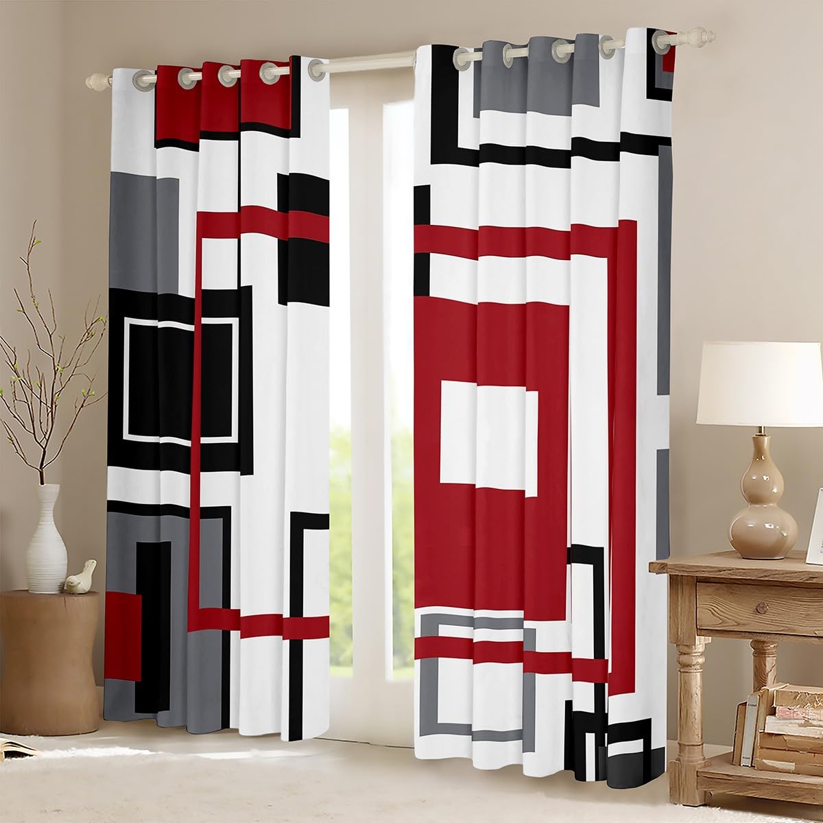 Homewish Red Black White Grey Blackout Curtains for Kids Boys Girls Bedroom,Geometric Square Window Curtains 66x90 Striped Window Curtains Modern Abstract Window Treatments 2 Panels - Image 4