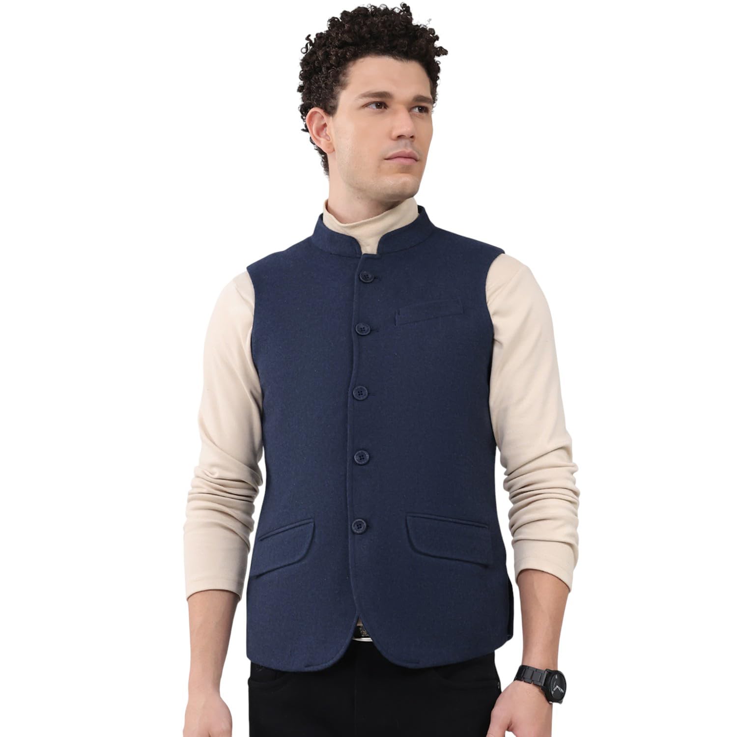 Men Regular Fit Solid Band Neck Side Pocket Button Closure Sleeveless Winter Jacket | Full Sleeve Zipper Jacket | Winter Wear For Men (Pack Of 1)