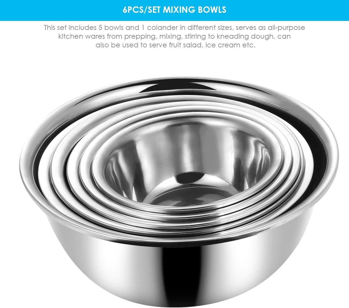 Cutlery Set 6pcs/Set Stainless Steel Mixing Bowls Set with Colander Stackable Anti-Rust Stain-Resistant Mixing Bowls for Prepping Cooking