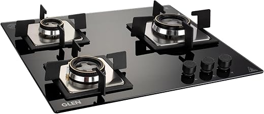 Glen 3 Burner Built In Glass Hob | Auto Ignition | 8 MM Thick Toughened Glass Hob | Black | Double Ring Forged Brass Burners | Warranty 2 Years…