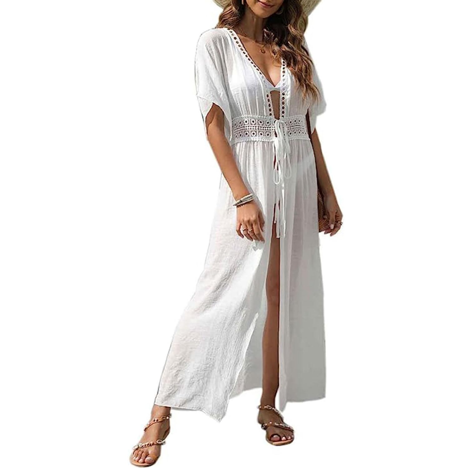 TBSCWYF Mujer Verano Bohemio Estilo Largo Vestidos de Playa Cardigan de Playa Traje de Baño encaje, vestido de ganchillo Bikini Cover Up Cubrir Pareos Vestido