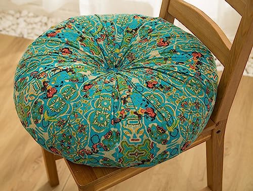 vctops Boho Cotton Linen Round Chair Seat Cushions for Dining Kitchen Office Chairs Patio Super Soft Printed Chair Pads Floor Pillow (Blue,22"x22")