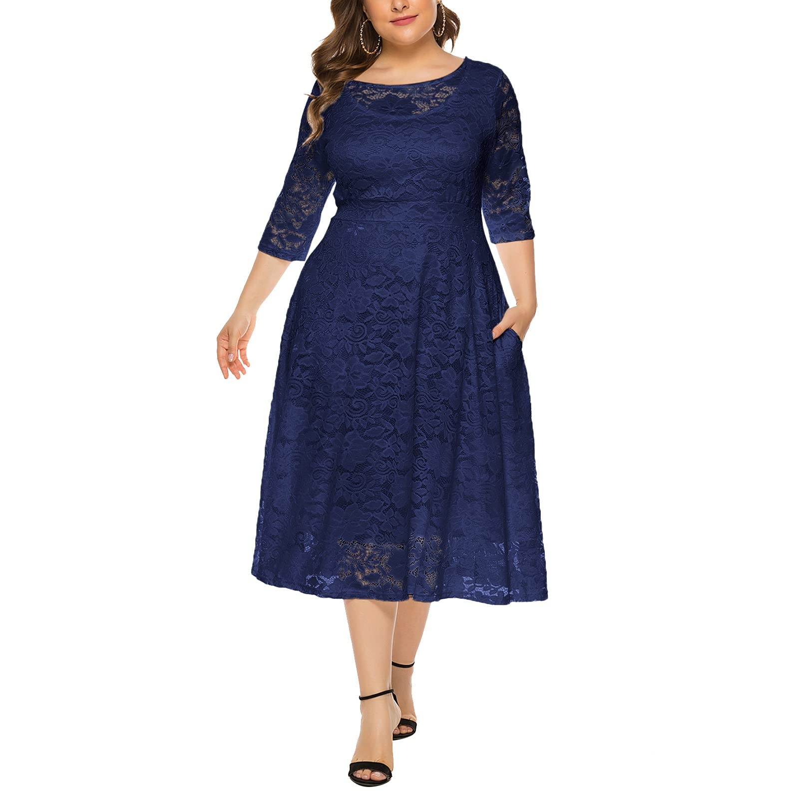 Generisch Elegante vestido midi de encaje floral de talla grande para fiesta de cóctel