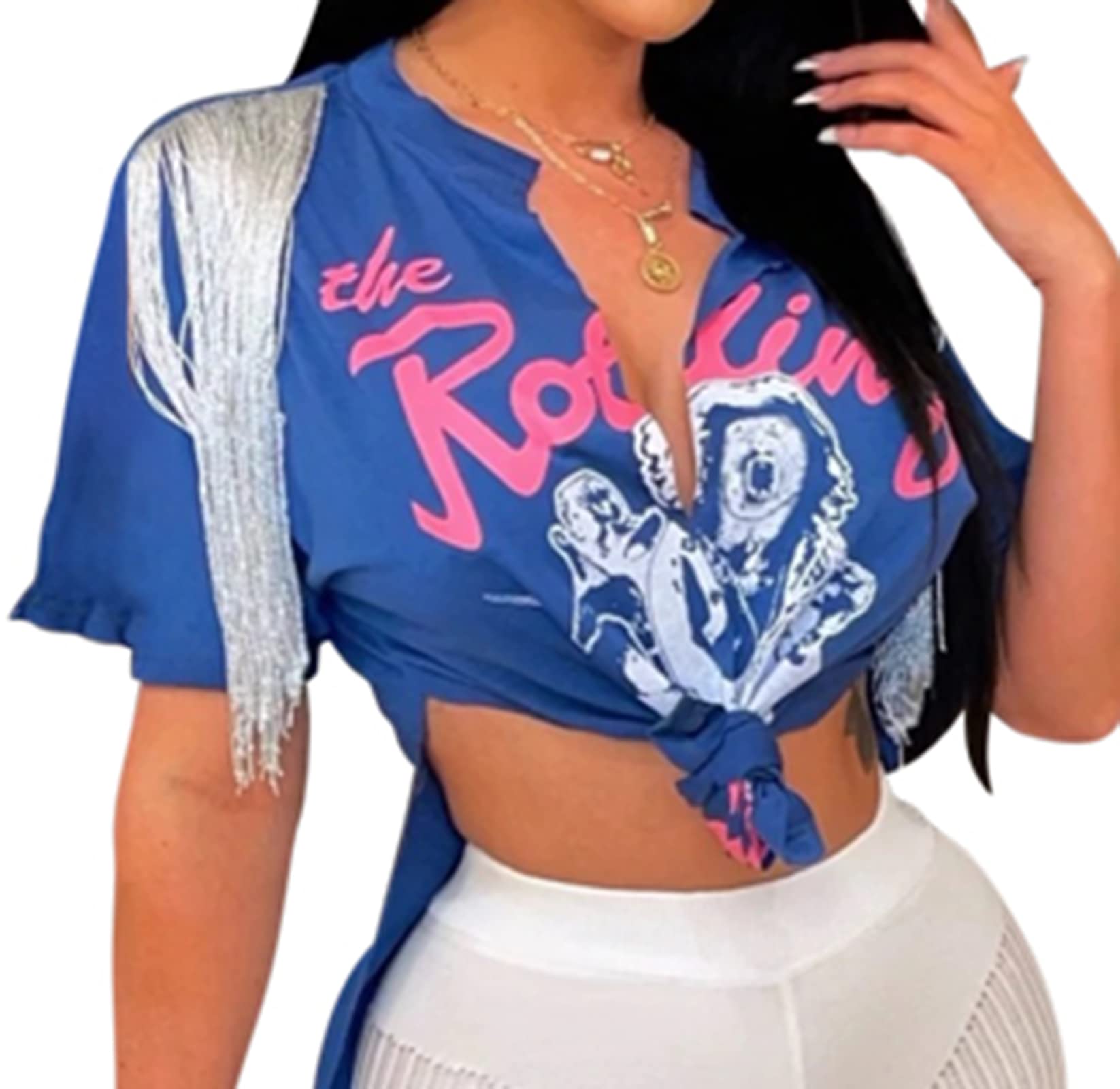 Molilove Women's Fashion T Shirt Casual Print Tassel V Neck Short Sleeve Workout Summer Tops