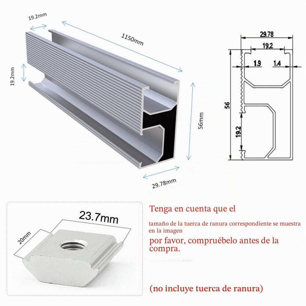 TEOV Riel fotovoltaico, 1150 mm, 4 unidades, perfil de aluminio, techo de chapa/ladrillo/betún, metal, 1 módulo de fijación, riel de montaje PVV, perfil de sistema para panel solar