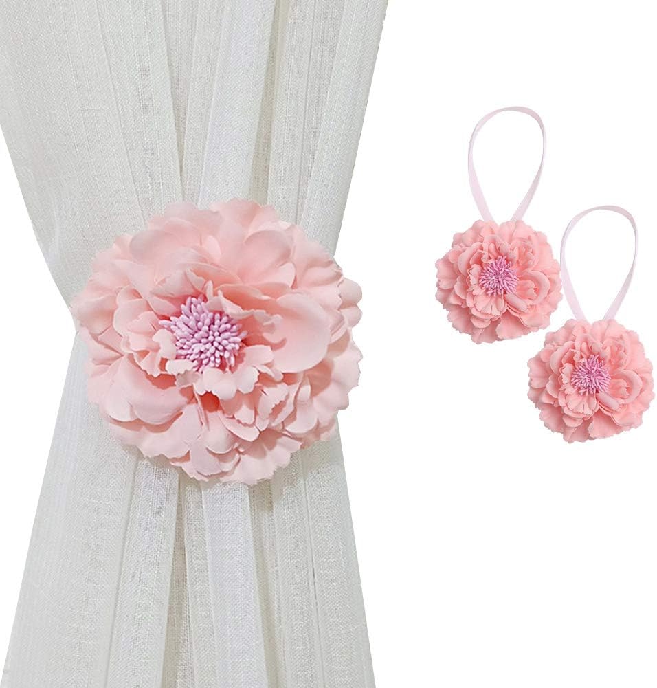Chictie 2 Piece Large Cloth Flower Magnetic Curtain Tieback Wedding Decorative Holdbacks Rope American Rustic Style Drapery Holder Clip for Girl's Room (Pink)