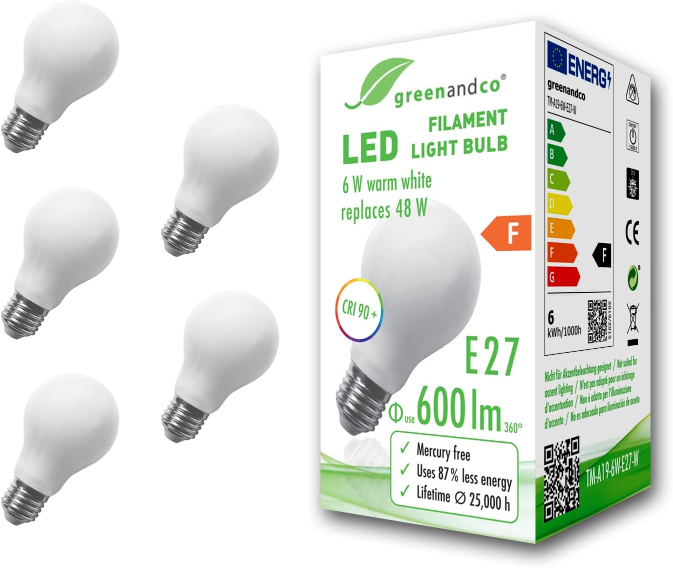 greenandco 5x IRC 90+ Ampoule à Filament dépolie LED E27 6W (équivalent