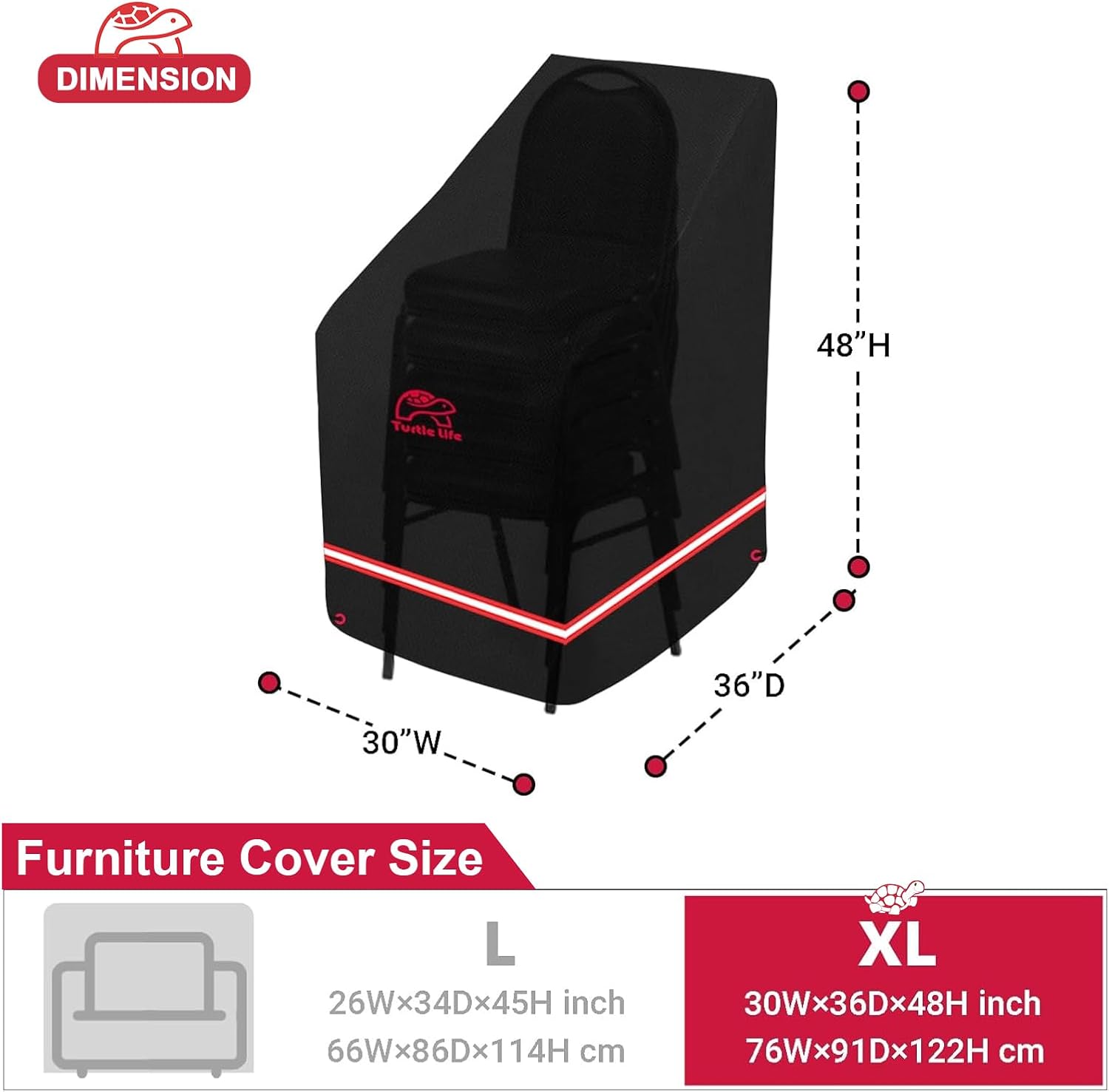 Turtle Life Patio Stackable Chair Cover, Heavy Duty Waterproof Outdoor Furniture Stacking 6-12 Chairs Covers, Anti-Fading Cover for Bar Stool Chair, Black, 30" W x 36" D x 45" H