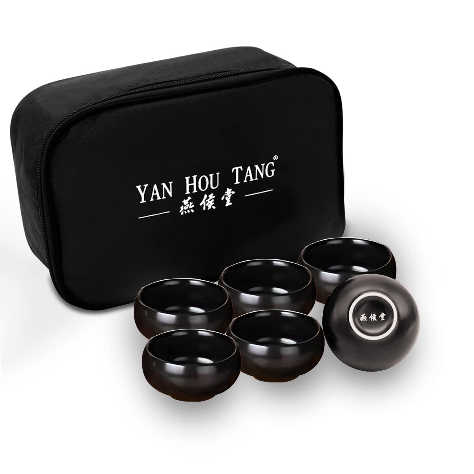 Yan Hou Tang 6 of Ceramic Chinese Tea Cups Tiny Small Traditional Ceremony - Handmade Craft Steady Premium Black Pottery Gift Box Pack Asia Gongfu No Handle Style Hot Cold Lady Gentleman Drink Water