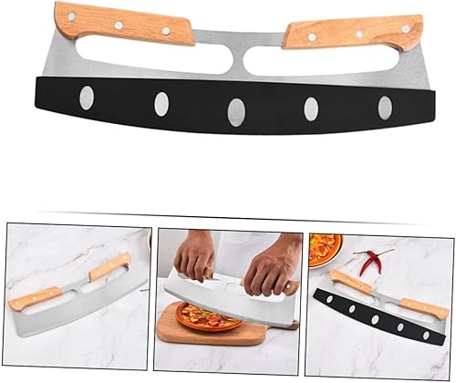 Miniatura 7 de Cortador de pizza de dos asas para tartas, rebanador de pizza, rebanador de panes, ensalada, mango de madera, cortador de pizza, banco de metal,
