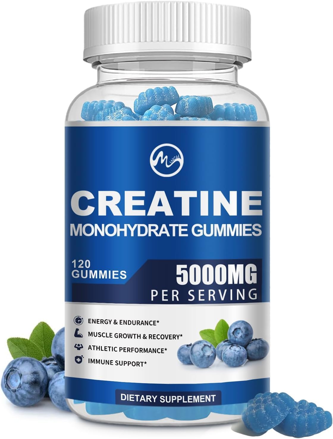 Gomas de Creatina Monohidratada 5000mg com Taurina e L-Glutamina, Sabor Mirtilo - Suplemento Pré-Treino para Força Muscular e Desempenho Ideal