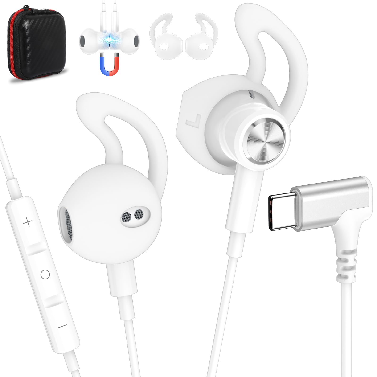 Écouteurs USB-C pour HONOR 400 Smart 5G X9d X8d, Écouteurs intra-auriculaires magnétiques type C Avec microphone et contrôle volume pour Google Pixel 10 9 REDMI Note 15 Pro+ Galaxy S26 S25 A17 A56 A36 - 1