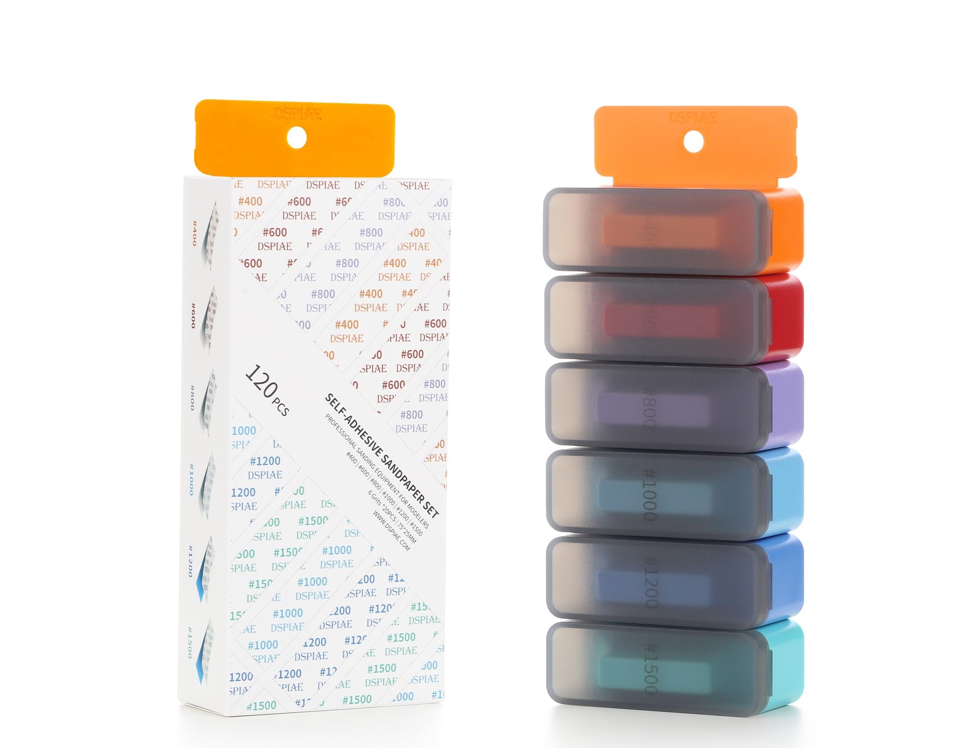 Lot de 120 feuilles de papier abrasif autocollant, 6 patins de ponçage dans une boîte de rangement (grain 400, 600, 800, 1000, 1200, 1500)