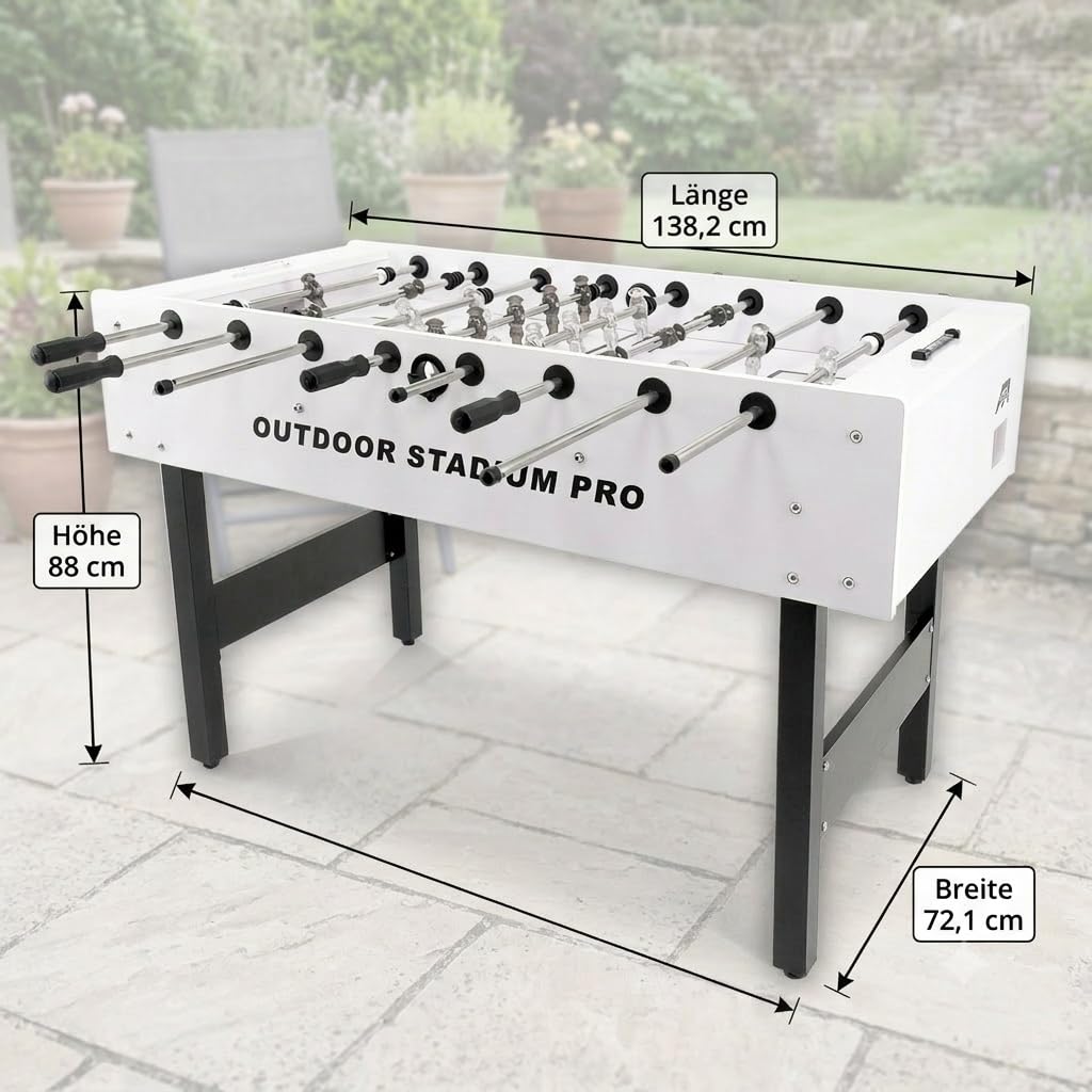 Kickertisch Outdoor Stadium Pro, Outdoor Fußballtisch wasserfest in Turniergröße, Outdoor Kicker Profi für draußen und drinnen 138,2 x 72,1 x 88 cm