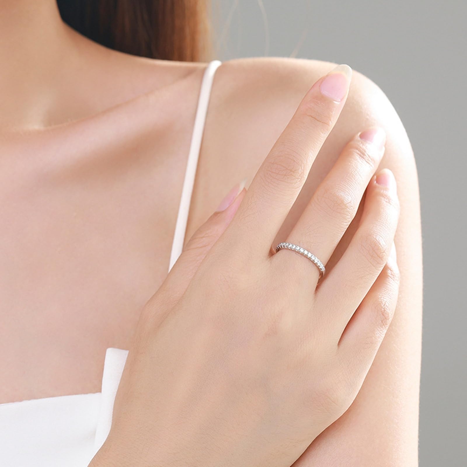 Anillo de oro para mujer, anillo de boda de oro real con diamantes, anillos de boda de oro blanco, media eternidad, anillo de aniversario para mujeres
