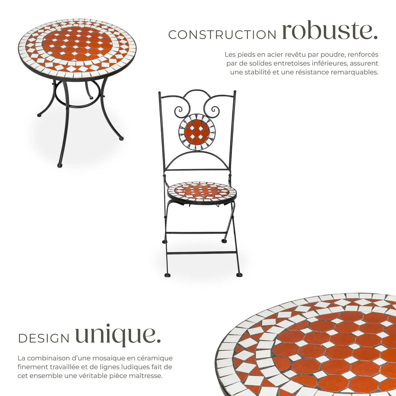 tectake® Ensemble Table et Chaises en Mosaïque Table de Bistrot Bar Salon de Jardin Exterieur, Structure en Acier lâqué époxy, Mobilier de Jardin Amenagement Balcon Terrasse