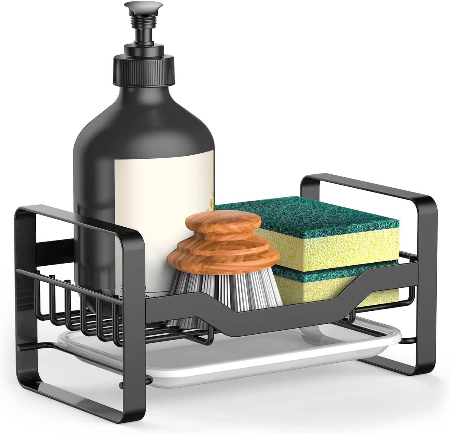 Kitchen Sponge Holder, Kitchen Organizer with Drain Tray, Dishwashing Liquid Drainer Bottle & Brush Storage Rack, Sink Caddy Organizer Cleaning Tools Holder for Kitchen… (Black)