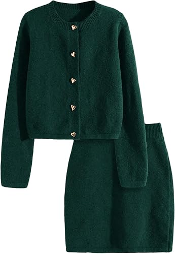 Verdusa Women's 2 Piece Elegant Outfits Button Up Cardigan with Sweater Skirt Se