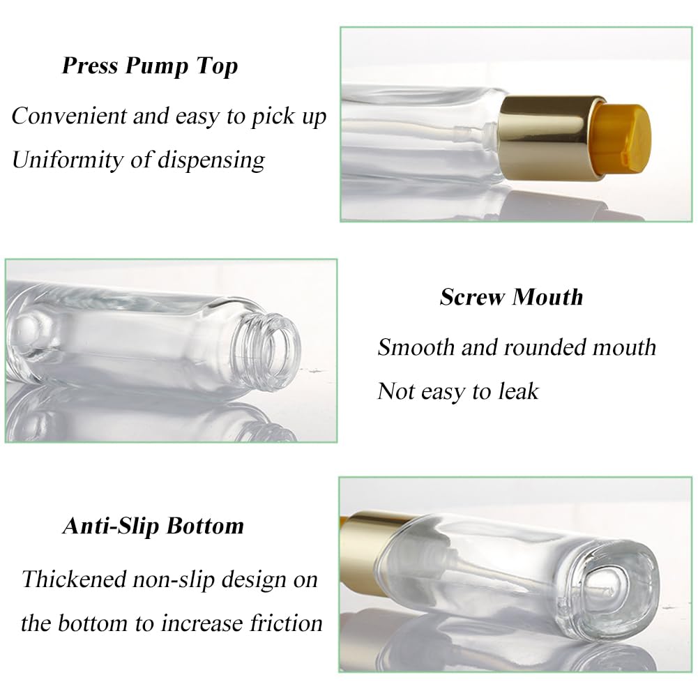 2Pcs 50ml/1.7oz Empty Clear Glass Lotion Pump Bottle with Gold Pump Top Portable Essential Oil Pump Dispensers Jars Vials Hair Conditioner Container for Makeup Emulsion Toner - Image 3