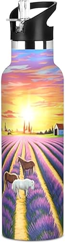 Miniatura 1 de Kids Water Bottle for School Leakproof Insulated Water Bottle with Straw 20oz, BPA-Free, Sunset Lavender Fields Horses