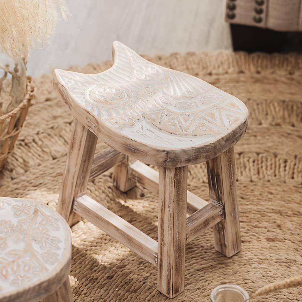 Small Owl Design Hand Carved Wood Step Stool Decorative Garden Stool (Owl-7.3" x 10.8" x 9.8")