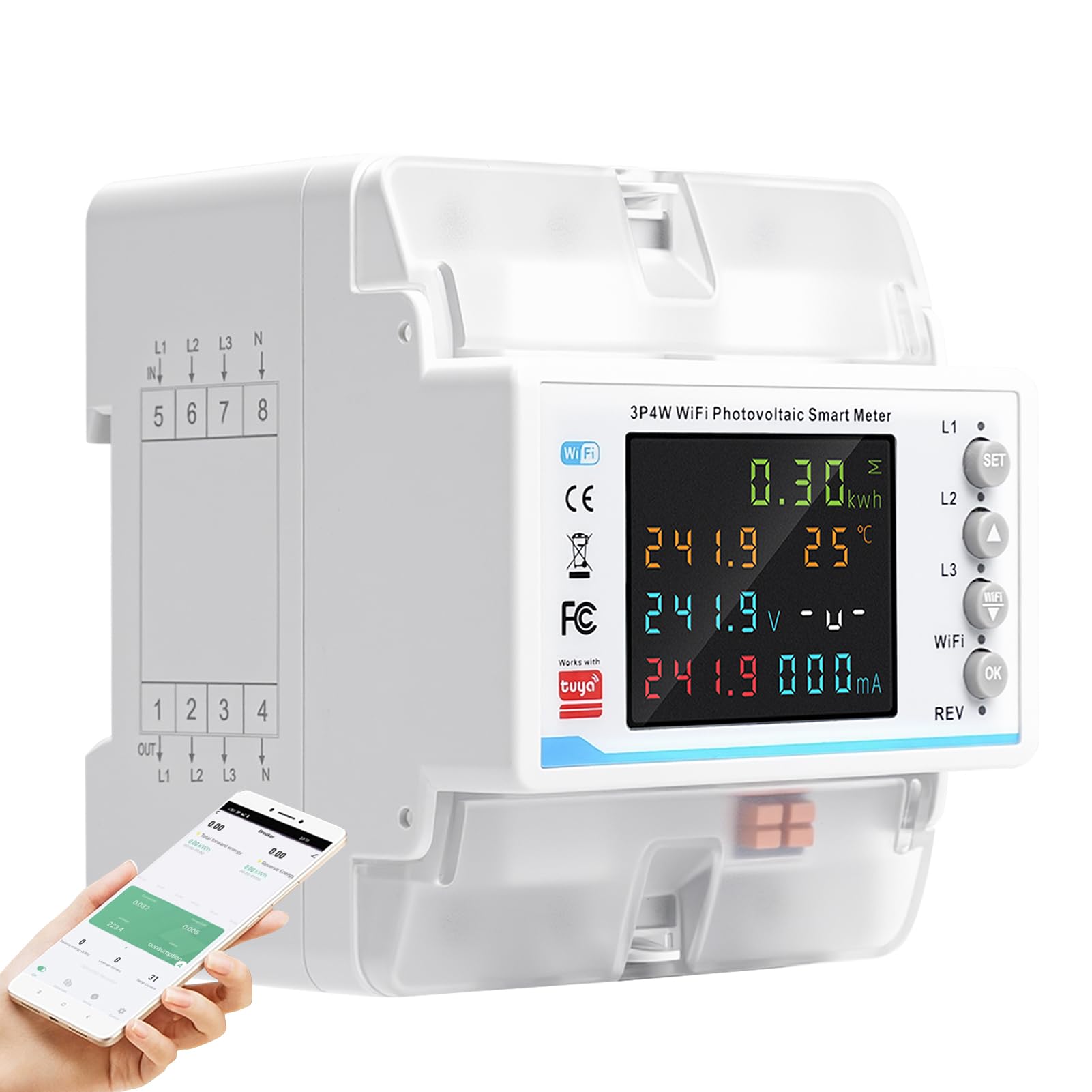 Licznik prądu 3-fazowego 100 A 380 V AC licznik prądu trójfazowego Smart Meter WLAN, licznik dwukierunkowy ze sterowaniem czasem/zbyt niskim napięciem/nadprądem/trójfazową niesymetrią / utratą fazy