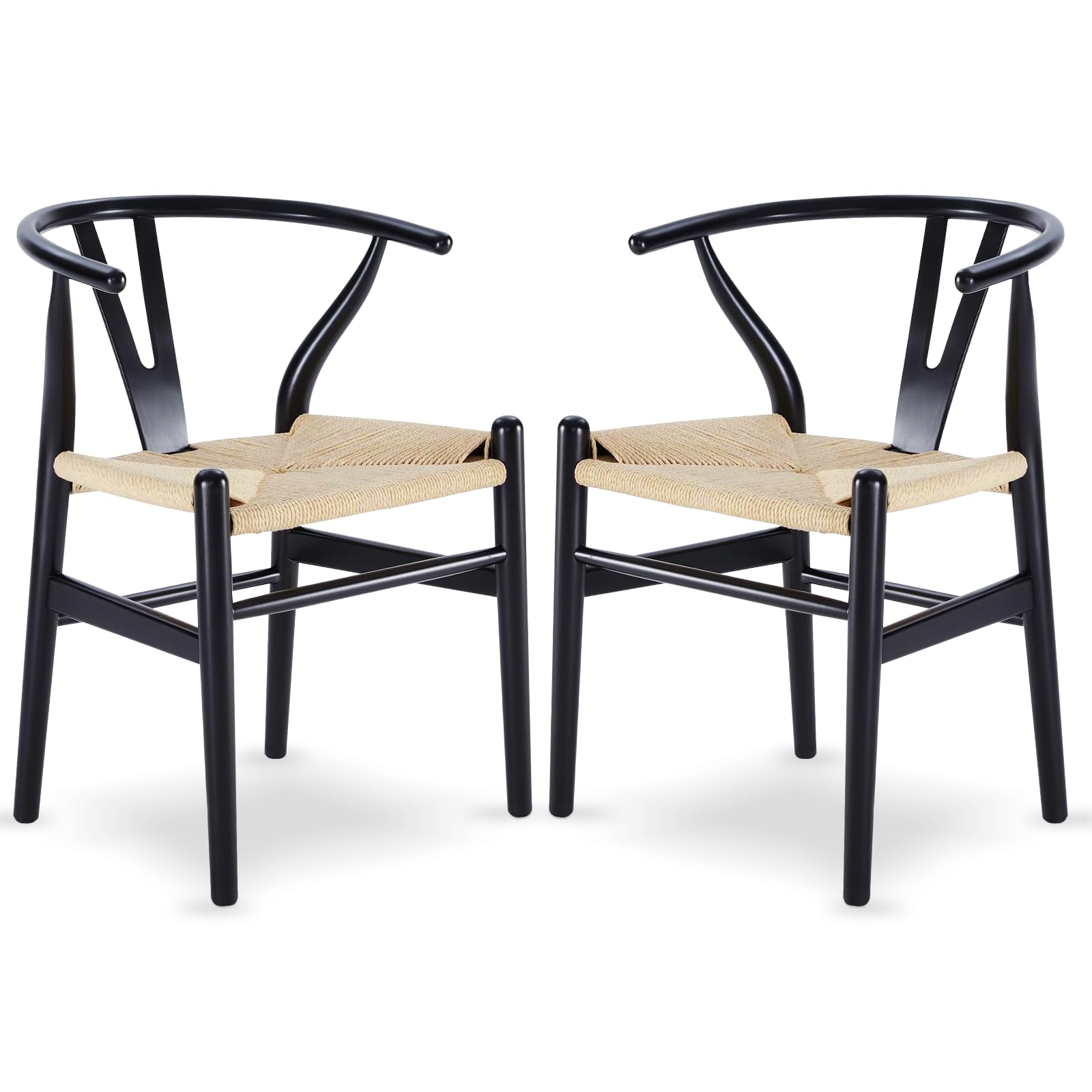 Tomile Wishbone Chairs Set of 2, Dining Chairs (Black Frame + Natural Cord)