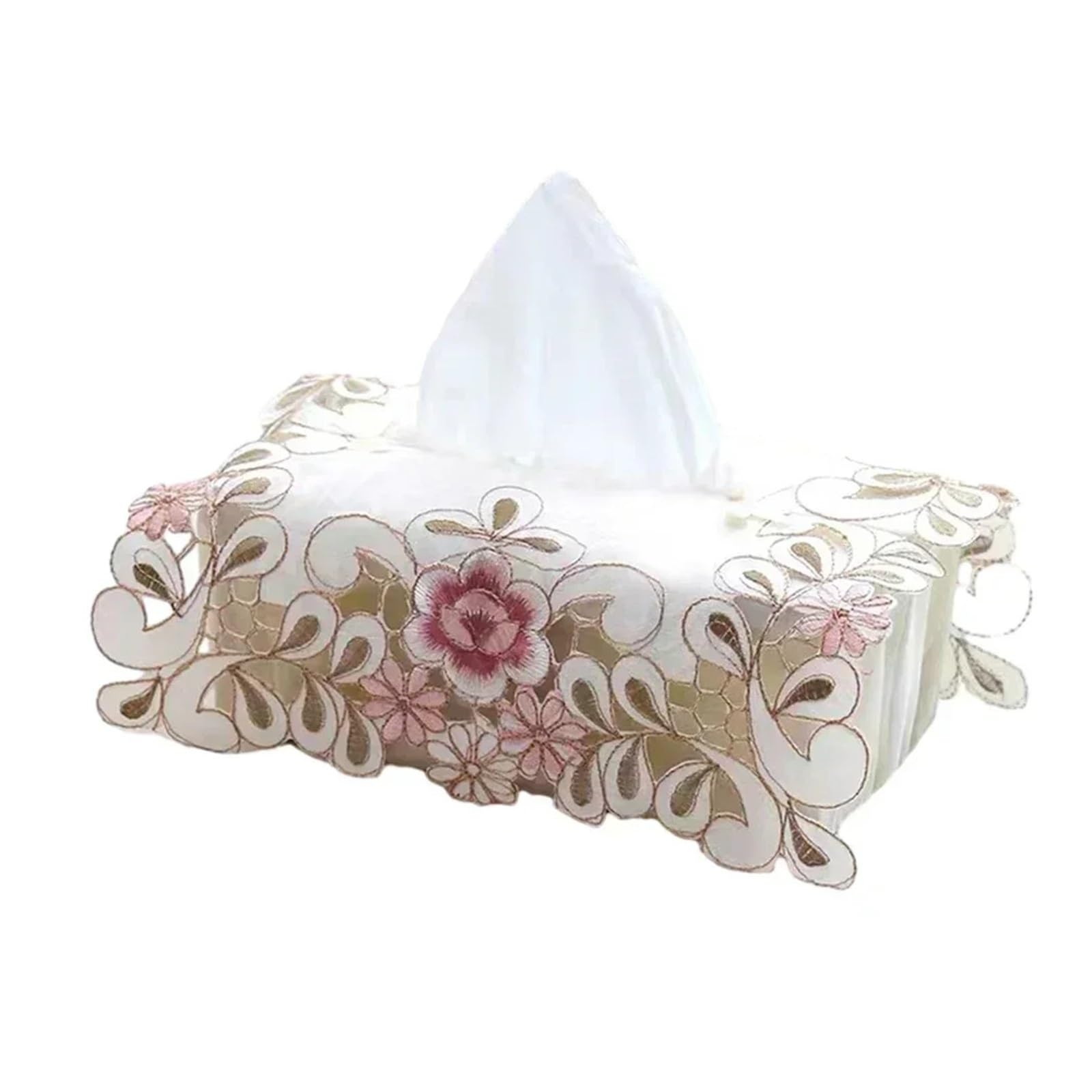 Lace Fabric Tissue Box Exquisite Vintage Lace Fabric Tissue Box Cover Embroidery Pastoral Style Embroidery Fabric Tissues Box Cover(Pink)