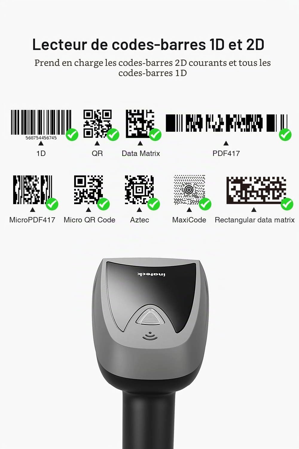 Inateck 2D 1D Scanner de Codes à Barres QR avec Base Intelligente, Lecteur Code Barre sans Fil et Bluetooth pour Inventaire, 3 en 1, Douchette pouvant Lire sur Écran, BCST-52 | Numérisation de code QR 1D 2D pris en charge, avec Bluetooth/2,4 GHz/USB, avec
