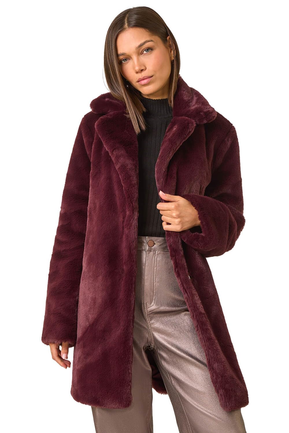 Roman Originals Women's Bordeaux Faux Fur Coat - Jackets Teddy Bear Plush Casual Soft Fluffy Textured Oversized Warm Cosy Autumn Winter Flattering - Size 20