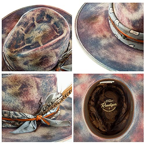 Image of RUEDIGER Wide Brim Fedora Hats for Men Women 100% Wool Felt Panama Rancher Hat with Lightning Logo Distressed /Burned Handmade